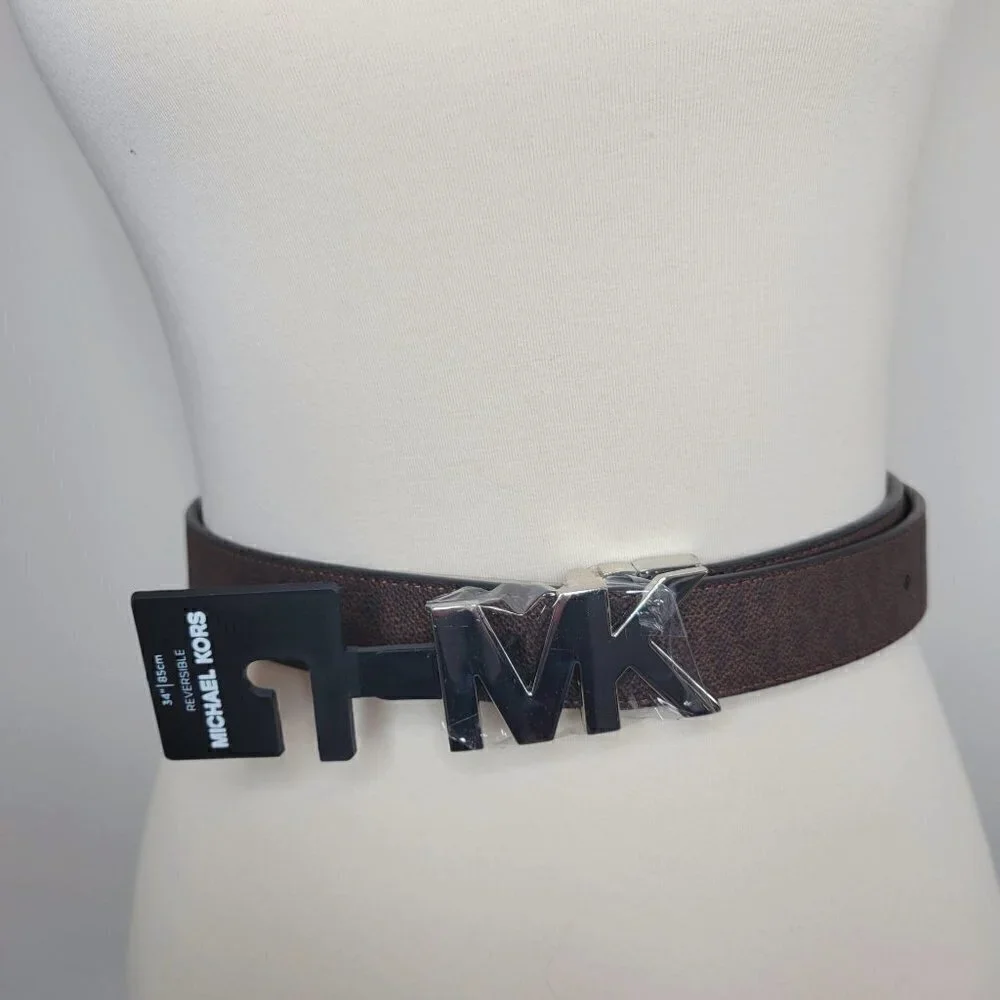 Michael Kors Signature Belt, Reversible Logo Brown/Plain Brown Size 34 or M